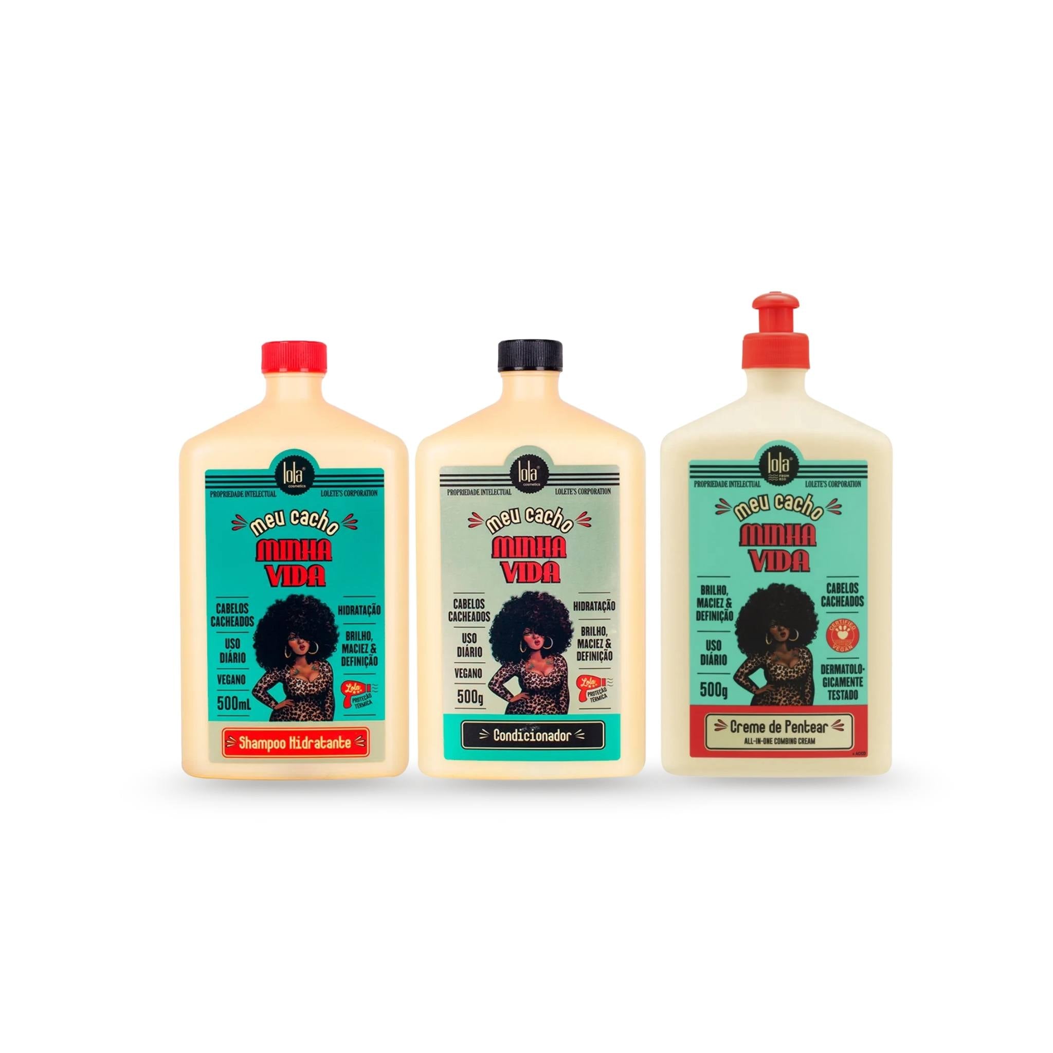 COMBO Meu Cacho Minha Vida CUIDADOS DIÁRIOS - Shampoo Hidratante 500ml + Condicionador 500g + Creme de Pentear Memorizador de Cachos 500g - Lola Cosmetics